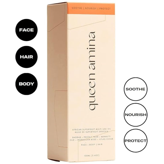 Queen Amina African Superfruit Oil, Face Oil, Body Oil, Hair Oil, Cleansing Oil, Makeup Remover, Scalp Treatment, Beard Oil, Jojoba, Argan, Geranium, All Skin Types, 3.4oz, 100mL