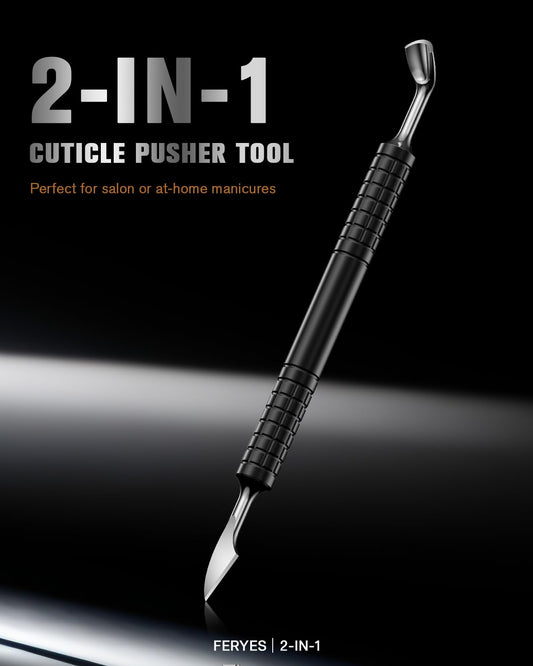 FERYES Upgraded Dual-Head Cuticle Pusher Tool - Horseshoe Shape & Chisel Edge Stainless Steel Remover Tool with Anti-Slip Wide Handle for Salon & Home Nail Care-Black