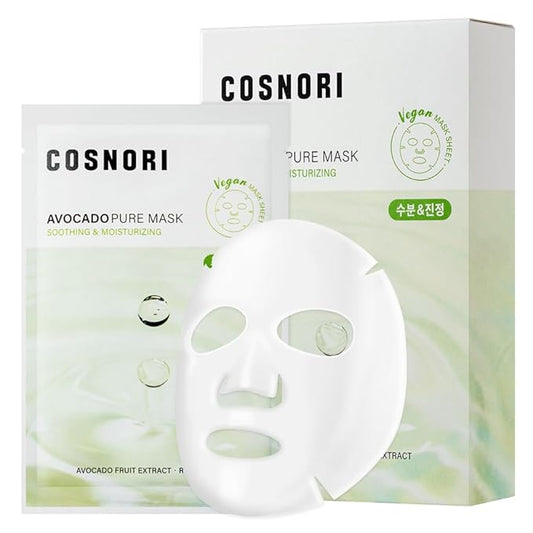 COSNORI AVOCADO PURE SHEET MASK (10pc) - Clean, Hydrating and Soothing for Dry skin, Korean Face Mask- Avocado Extract, 0.81oz x 10pc