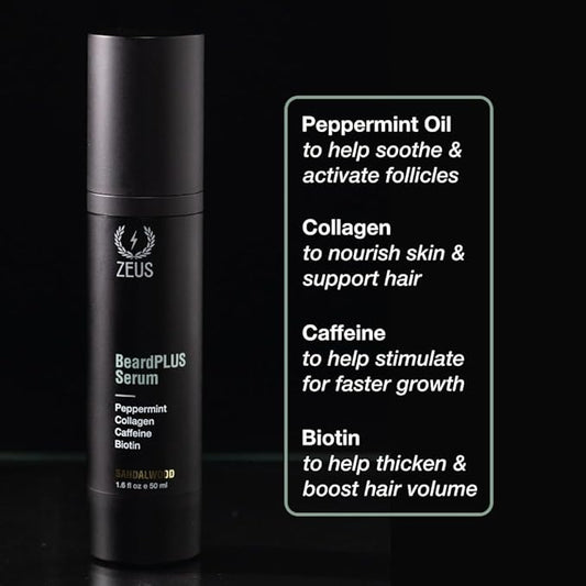 ZEUS BeardPlus Serum for Men, Premium Beard Oil for Enhanced Growth, Fuller & Softer Facial Hair with Biotin & Caffeine (Made in USA) 1.6 oz