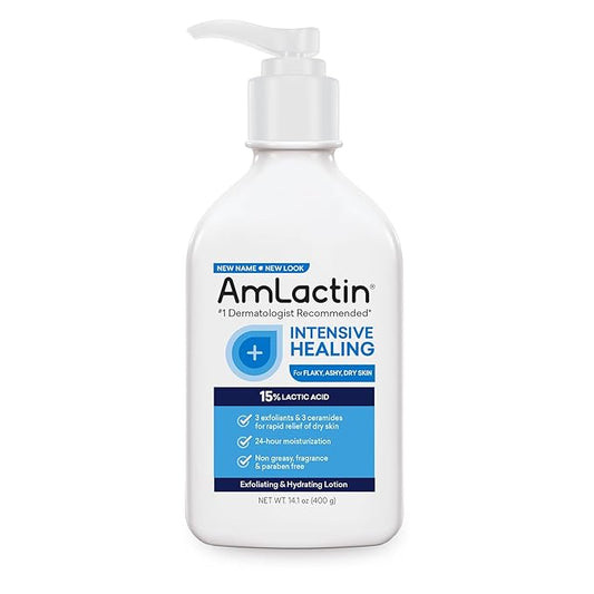 AmLactin Intensive Healing Body Lotion for Dry Skin - 14.1 oz and 7.9 oz Pump Bottles - 2-in-1 Exfoliator & Moisturizer with Ceramides & 15% Lactic Acid