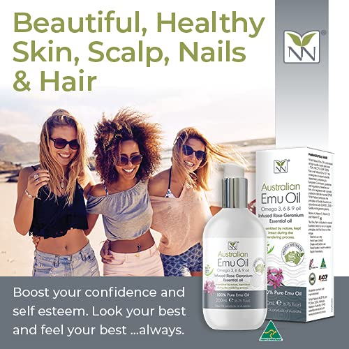 Y-Not Natural Ultra Pure Australian Emu Oil - Luxury, Hospital Grade Emu Oil 200 mL | Free Range Aboriginal Omega 3, 6 & 9 Oil Infused with Rose Geranium - The Ultimate Moisturizer for Skin, Hair, Nails, and Scalp