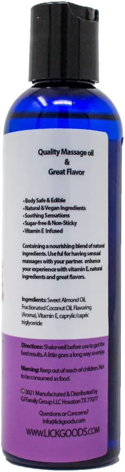 Lick Peanut Butter Flavored Massage Oil with Vitamin E, Coconut, Sweet Almond Oil for Lovemaking, Date Night, Nuru Yoni Massage Therapy, Safe & Edible 4 oz
