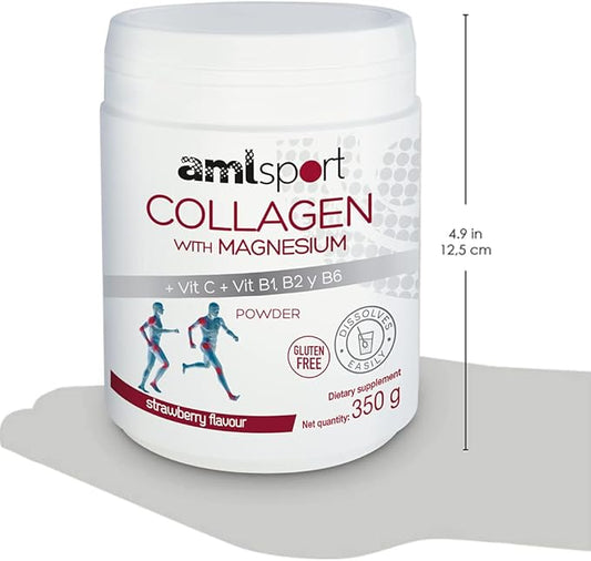 AML Sport - Collagen with Magnesium + VIT C, B1, B2 and B6 Powder - 350g (Strawberry Flavour). Tissue Regenerator with Type 1 &2 Collagen. Gluten Free. Sugar Free