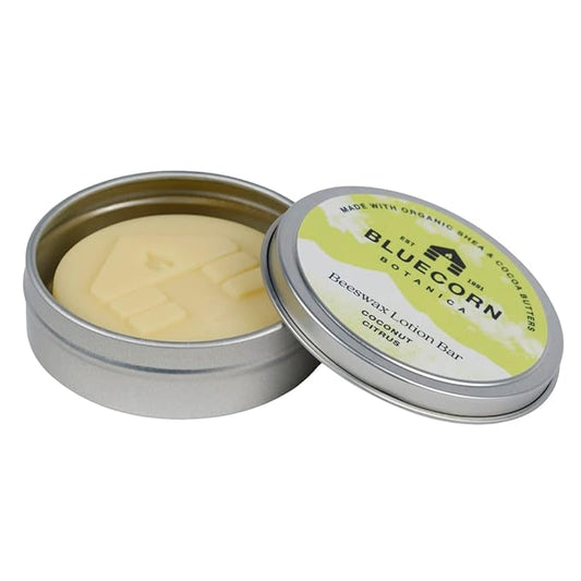 Bluecorn Beeswax Coconut Citrus Scented Lotion Bar. Organic Shea Butter, Cocoa Butter, Vitamin E, Apricot Oil & Avocado Oil. Long-Lasting Moisture for Super Dry Skin. Plastic-Free & Made in the USA.