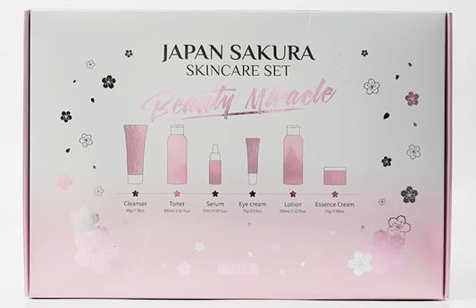 Skin Care Set JAPAN SAKURA Women Beauty Gift Sets Skin Care Kit with Cleanser, Toner, Lotion, Serum, Eye Cream, Face Cream Travel Kit for Women Teen Girls Mom Daughter TSA-friendly Sizes 6pcs