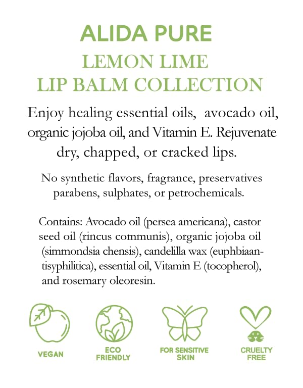 Lemon Lime Lip Balm Collection, Vegan Lip Balm Set, Bees Wax Free, Avocado Oil, Organic Jojoba Oil, Vitamin E, Moisturizer For Dry Cracked Lips, 3 Tubes per Set