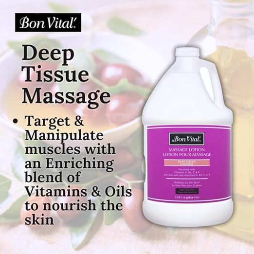 Bon Vital' Deep Tissue Massage Lotion for Deep Tissue Massages and Muscle Relaxation, Moisturizer Leaves No Greasy Feeling, Penetrates Deeply to Repair and Soften Skin, 1 Gal, Label may Vary