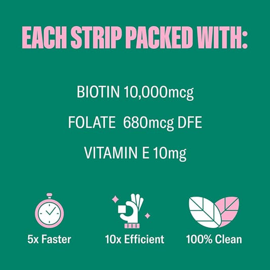Beauty in a Strip™ | Strawberry Flavored Oral Strips with Biotin, Folate and Vitamin E | Vitamins for Hair, Skin & Nails | Maximum Absorption, Fast Results | 30 Individually Wrapped Strips