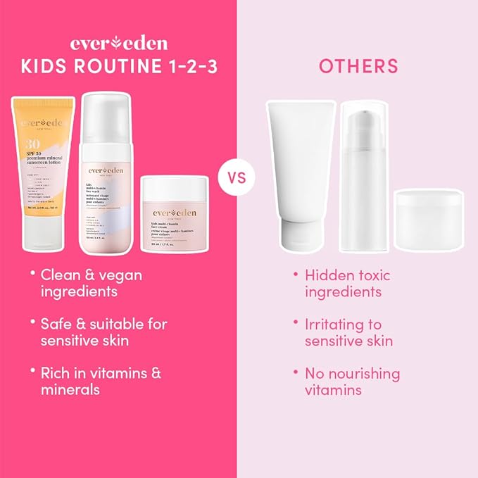 Evereden Daily 1-2-3 Routine Bundle: Clean & Vegan Skin Care Set for Kids - Hydrating & Nourishing Tween Skincare Set with Multi-Vitamin Face Wash, Face Cream, Lotion, & SPF 30 Mineral Sunscreen