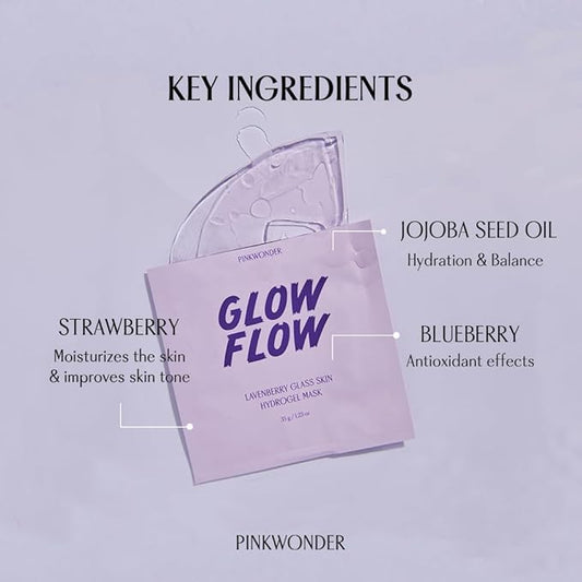 GLOWFLOW Lavenberry Glass Skin Hydrogel Mask (1EA), Nourishing Facial Sheet Mask for Dry Skin, Hydrating and Glowing Skin, Blueberry Extract and Jojoba Oil, Antioxidants