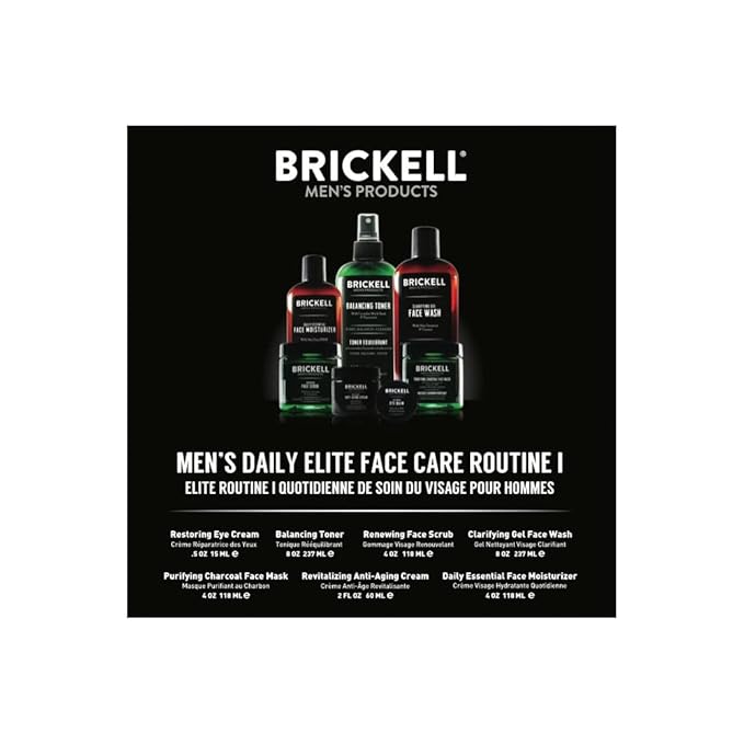 Brickell Men's Daily Elite Face Care Routine I, Toner, Gel Facial Wash, Face Scrub, Anti-Aging Night Cream, Eye Cream, Charcoal Mask and Moisturizer, Natural and Organic, Scented