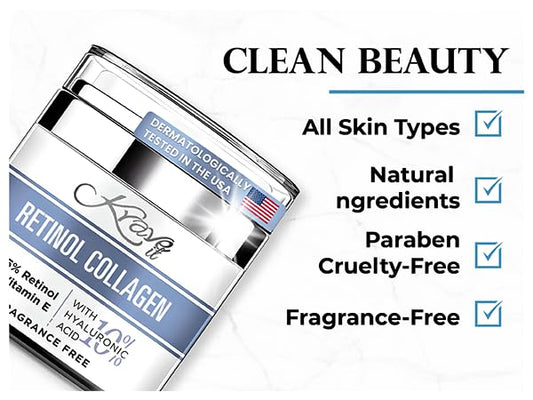 Retinol Cream for Face, Anti Aging Cream - Vitamin E, B5 & Hyaluronic Acid for Skin Care, Anti Wrinkle Face Cream with Collagen for Women/Men, Day-Night Face Moisturizer for Woman, Collagen Cream1.7oz