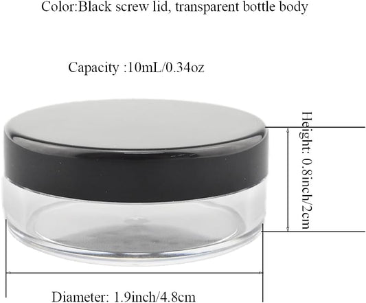 HAHIYO 2P 10ml/0.34oz Plastic Empty Travel Powder Container Small Loose Powders Compact Case Makeup Cosmetic Jar Refillable Powders Box No Leak Powder Holder with Rotatable Sifter and Black Screw Lid