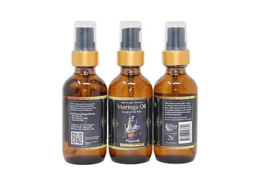 Pharoah - 100% Pure Moringa Oil blended with Leather, and Sweet Tobacco Essential oils and infused with Egyptian Ormus Gold - Pure Moringa Seed oil - Scent of The Nile - 1oz. (30 Ml)