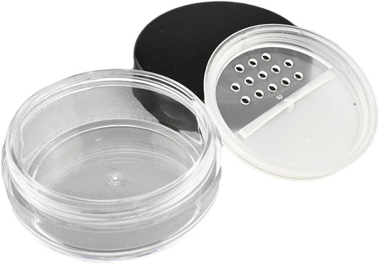 HAHIYO 1Pcs 10ml/0.34oz Plastic Empty Travel Compact Case Makeup Cosmetic Jar Refillable Powder Box No Leak Powder Holder with Rotatable Sifter and Black Screw Lid