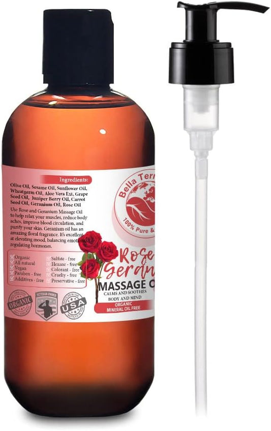 Rose and Geranium Massage Oil Without Mineral Oil. 8 oz. Full Body Massage Therapy. Soothes Body and Mind. Made with Olive Oil, Sesame Oil, Sunflower Oil, Aloe Vera, Geranium Oil, Rose Oil.