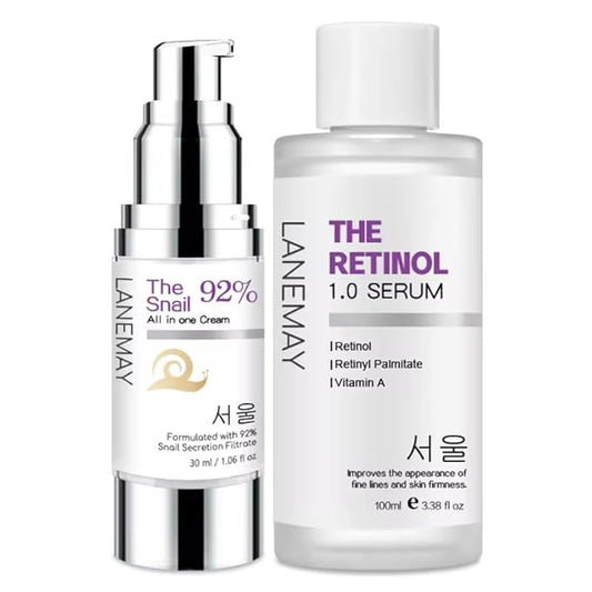 The LANEMY Retinol Serum & Snail Mucin Cream Skin Care Set, Daily Glow & Brighten, Fine Lines & Crow's Feet Treatment, Day and Night Care