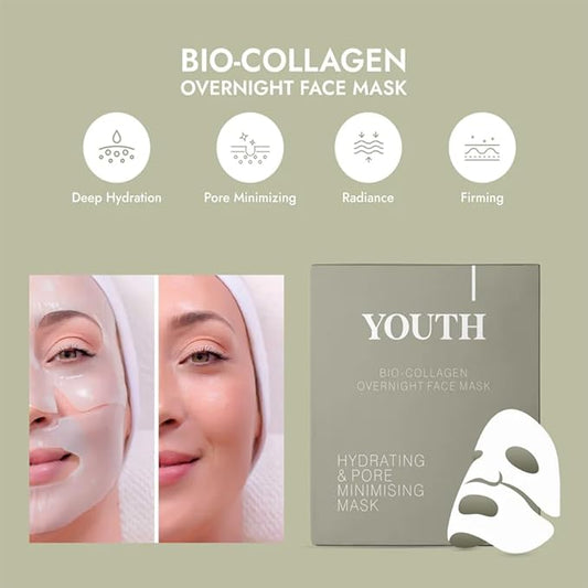 Youth Bio-Collagen Overnight Face Mask - Youth Skin Collagen Mask, Korean Glass Skin Face Masks Skincare, Hydrating Overnight Hydrogel Mask, Pore Minimizing, Elasticity Improvement (34gx8ea)