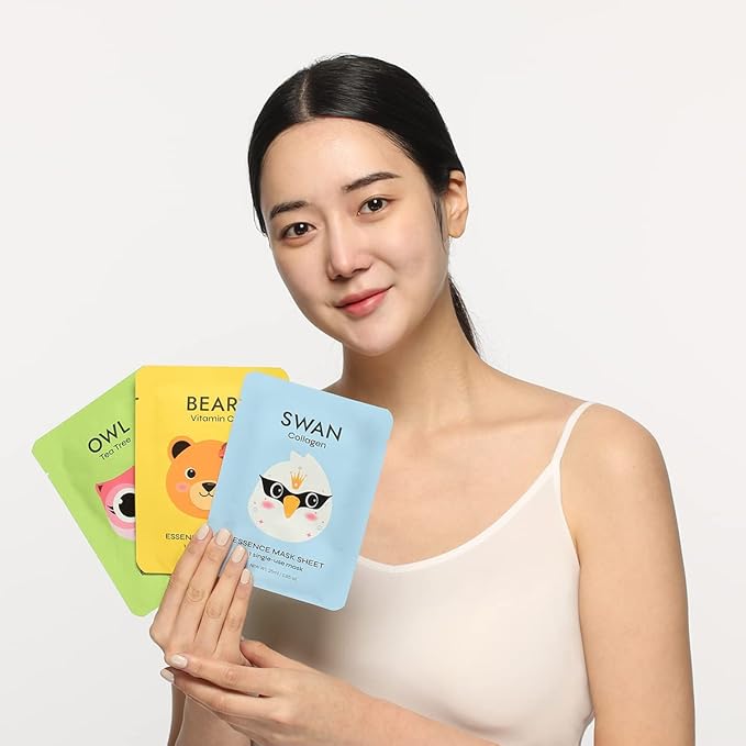 E5 Animal Print Sheet Mask (Bear, Owl, Swan) 12 pcs