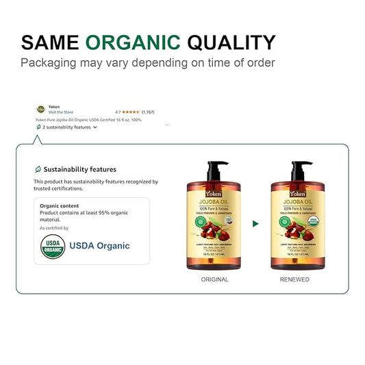 Pure Jojoba Oil EWG Verified 16 fl oz, 100% Natural Jojoba Oil for Hair, Skin & Face, Cold Pressed Unrefined, Deeply Moisturizing Body oil Carrier Oils for Essential Oils Mixing