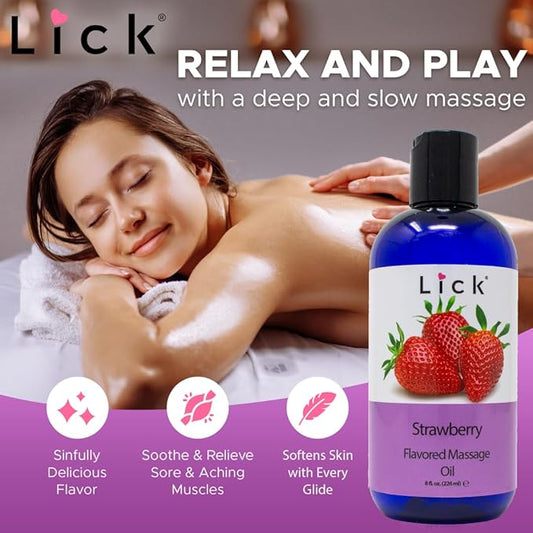 Lick Strawberry Bliss Edible Massage Oil – Natural, Sensual Body Oil for Couples, Hydrating, 8 oz
