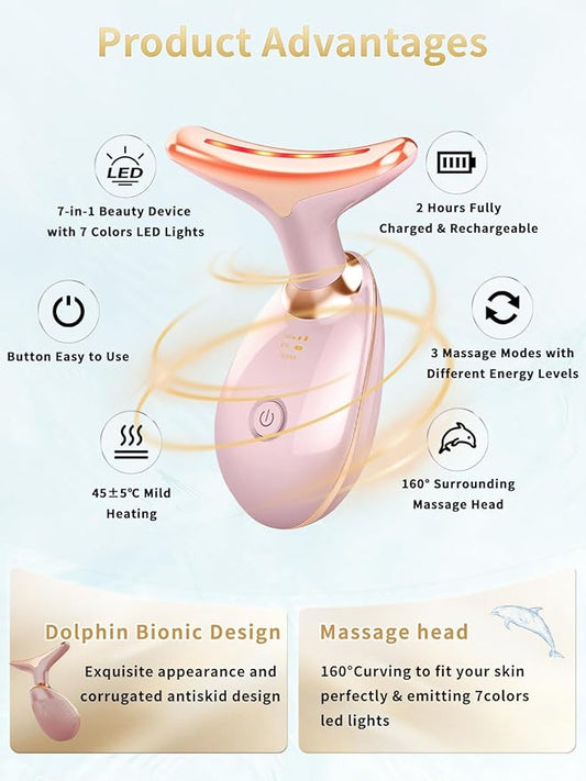 Facial Beauty Device, Multifunctional Facial Skin Care Tools with Vibration, Red and Blue LED Light, 7 Color Led Face and Neck Beauty Device for Home Use, Improve Skin(Glossy Pink)