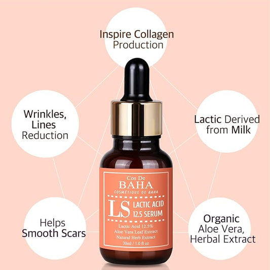 Lactic Acid 12.5% Hydrating Serum with Botanical Extracts - Gentle Skin Renewal and Radiance, Enhanced with Aloe Vera and Green Tea, Soothes and Balances for a Glowing Complexion, 1 Fl Oz (30ml)