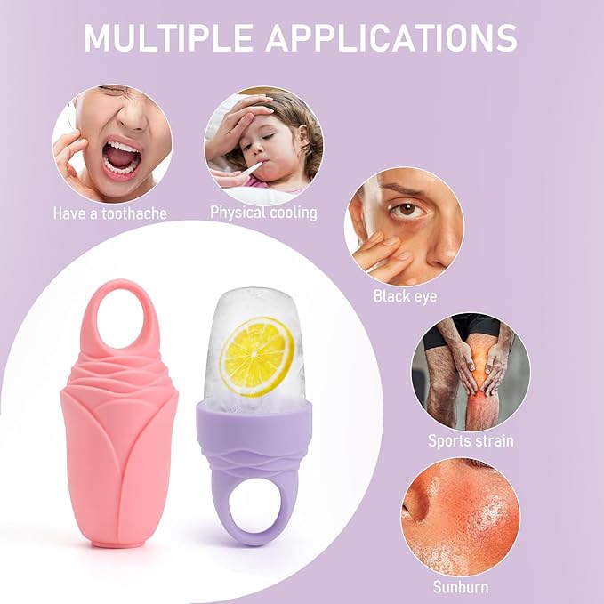 3 Pcs Facial Ice Roller Silicone Mold Reusable for Face Women and Eye Neck Cold Skin Care Tools Freezer De Puff Eye Bags Reduce Migraine Pain Pink 2 + Purple 1