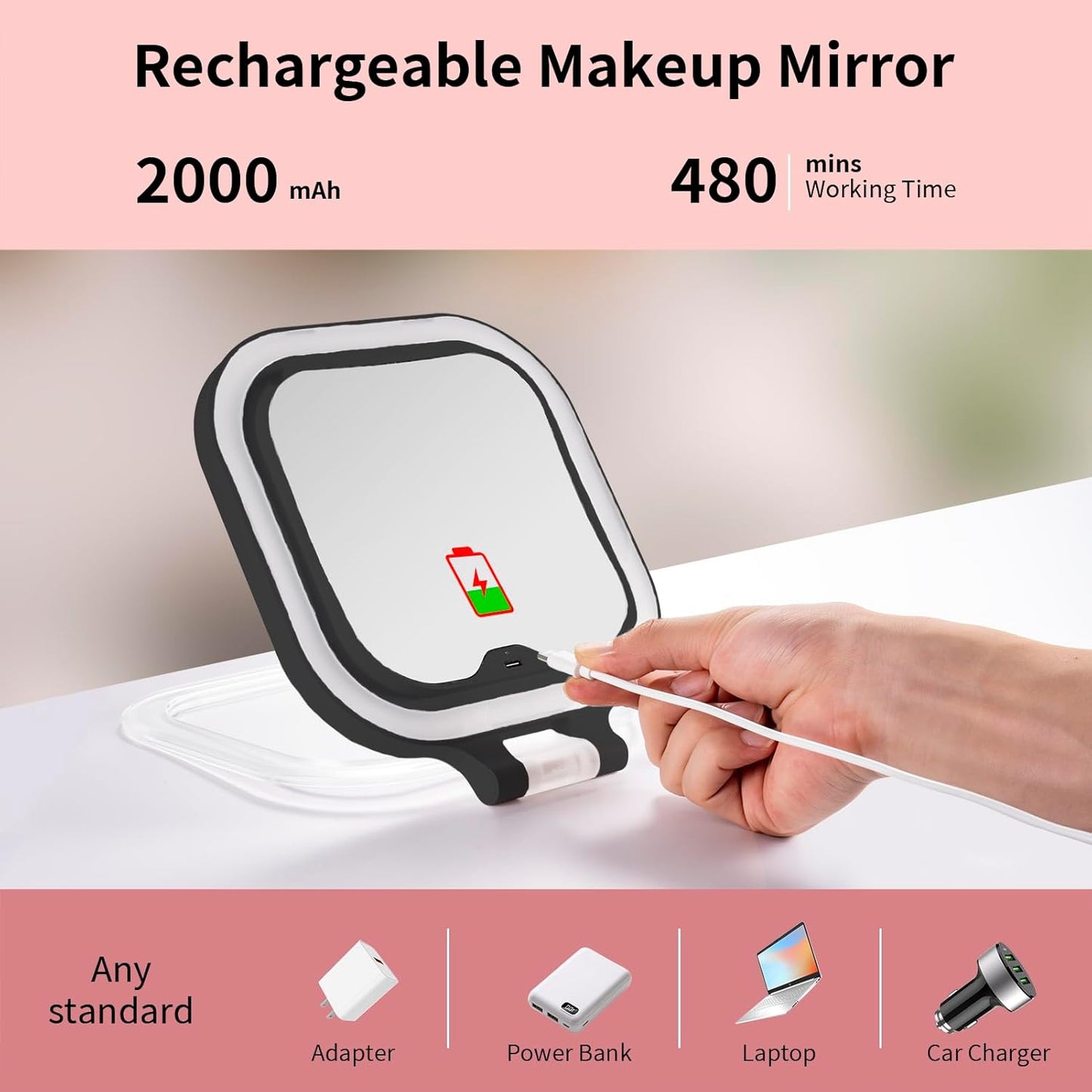 DESCHEN Rechargeable Travel Makeup Vanity Mirror with Lights and Magnification, Portable 1X/10X Magnifying Mirror with 3 Color Light, Lighted Makeup Mirror with Magnification (Black)