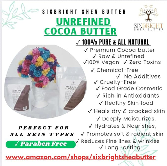 Sixbright UNREFINED, 100% PURE, FOOD GRADE, NATURAL COCOA BUTTER- Repairs Body Scars, Stretch Marks, Dry & Cracked Skin- Great for DIY's Beauty products-16 Ounce -(Pack of 1)- Chocolate Aroma