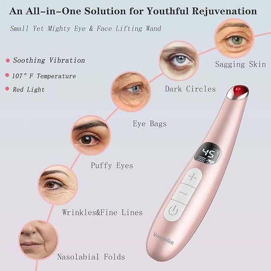 Eye Lift Wand, 3 in 1 Vibrating 98°F to 113°F LCD Eye Massager for Dry Eyes, Dark Circles and Puffiness, Face & Neck Lifting Tool for Fine Lines and Wrinkles, Rose Gold