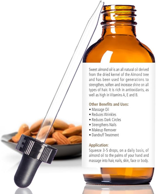 Organic Sweet Almond Oil MOISTURIZER - in 4 oz Glass Bottle with Dropper | Unrefined Cold Pressed Skincare Lotion | Essential Natural Personal Massage Oils for The Skin and Body