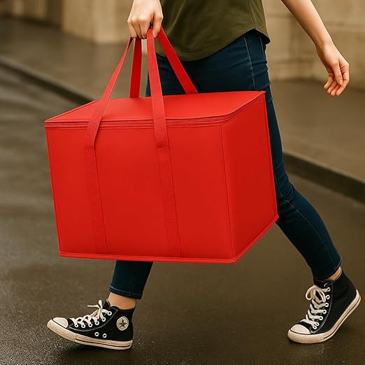 2Pk Insulated Reusable Grocery Bags, Collapsible Cooler Bag for Groceries, Heavy Duty Large Insulated Bag (Large, Bright Red)
