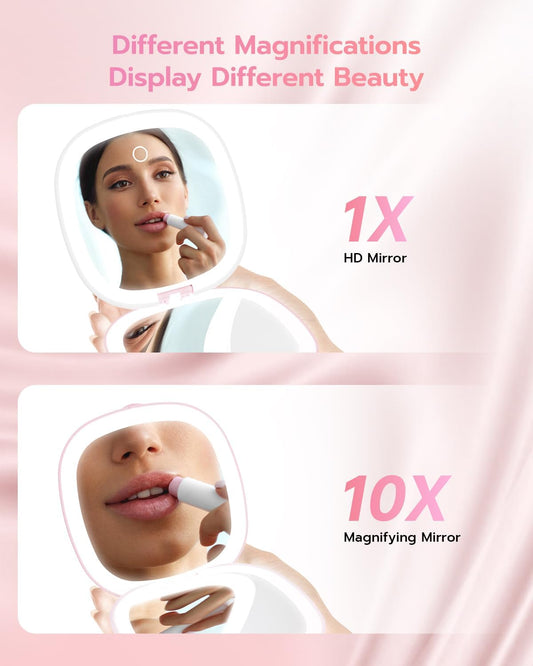 Benbilry 3.9" Rechargeable Compact Makeup Mirror with 3 Light Colors and Magnification 1X / 10X, Double Light Strip Dimmable Small LED Travel Mirror for Purse, Light Pink