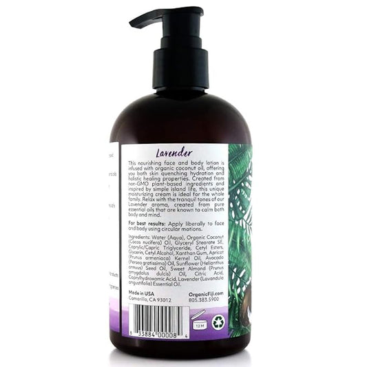 Coco Fiji Face & Body Lotion Infused With Coconut Oil | Lotion for Dry Skin | Moisturizer Face Cream & Massage Lotion for Women & Men | Lavender 12 oz, Pack of 1