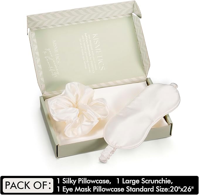 Vegan Silk Sleep Set, Silky Pillowcase with Large Scrunchie and Eye Mask for Hair and Skin, Self Care Essential Satin Night Routine Kit (Cream Color)