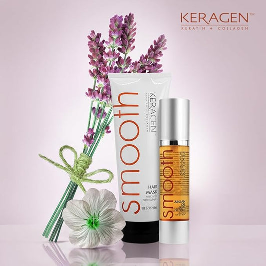 KERAGEN Hair Care Duo: Mask for Dry Damaged Hair (8 Oz) + Moroccan Argan Oil (1.7 Oz) - Deep Conditioning, Frizz-Free, Anti-Frizz Serum, Brilliant Shine, Hydrates, Seals Cuticles
