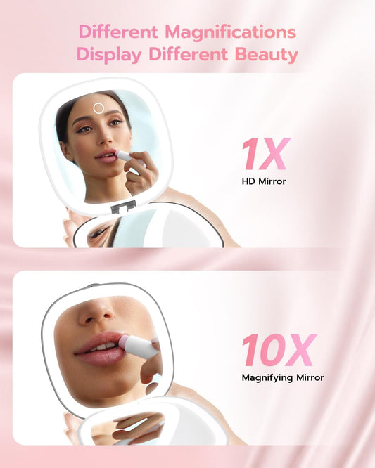 Benbilry 3.9" Rechargeable Compact Makeup Mirror with 3 Light Colors and Magnification 1X / 10X, Double Light Strip Dimmable Small LED Travel Mirror for Purse, Black