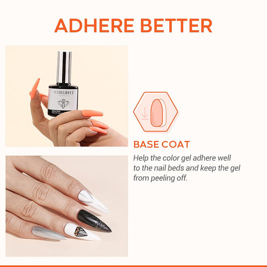 modelones Gel Nail Polish Base Coat, 2025 Upgraded Formula Clear High Glossy Gel Base coat Soak Off Long-Lasting DIY Home Salon Nail Art 15ml