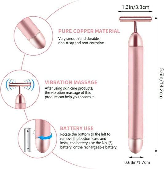 2 Pack T Shape Face Massager Beauty Bar Golden & Pink Facial Massager, Portable Electric Vibration Face Neck Body Massager for Firming Lifting Anti Aging Skin Tightening Wrinkle Reducing