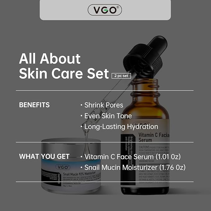 VGO Skin Care Set, with Snail Mucin 92% Moisturizer 1.76 Oz & Vitamin C Face Serum 1.01 Oz, Daily Hydrating & Firming Skincare Routine Kit for All Skin Type