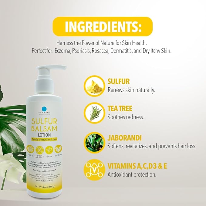 Dr. Robaina Sulfur Balsam Lotion – Daily Moisturizing Lotion for Eczema and Psoriasis Relief – Soothes Redness, Hydrates Sensitive Skin – Natural Ingredients – Made in the USA (Pack of 3)