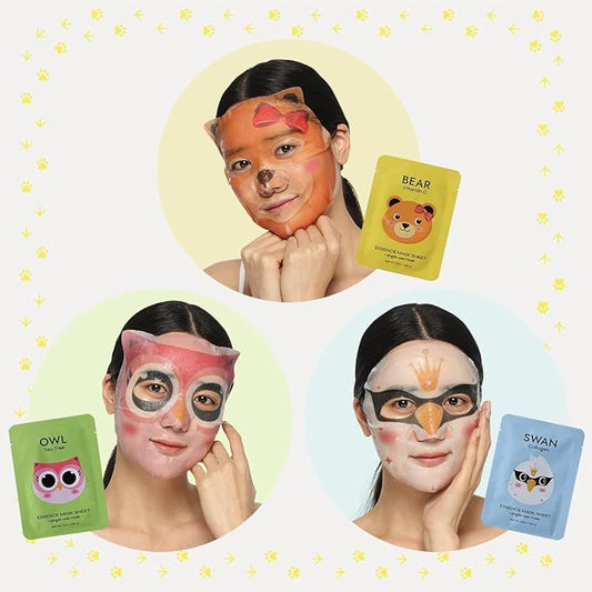 E5 Animal Print Sheet Mask (Bear, Owl, Swan) 12 pcs