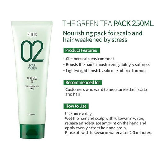 AMOS PROFESSIONAL The Green Tea Pack 8.45 oz (250ml) | Nourishing and Moisturizing Deep Conditioner for Hair Growth | Korean Hair Salon Brand