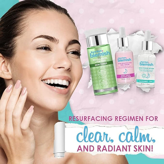 Bye Bye Blemish Skin Resurfacing Regimen Set, with Witch Hazel & Tea Tree Skin Toner, Skin Resurfacing Peel Serum, and Skin Rescue Serum with Niacinamide and Zinc, Cruelty-Free, Bundle Pack