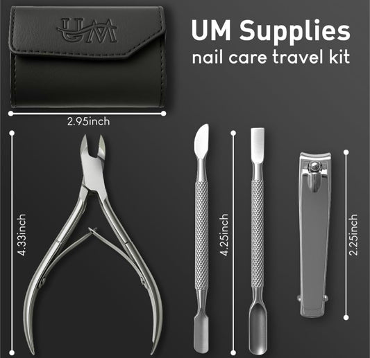 UM Supplies Cuticle Nipper with 2 Pushers and Nail Cutter 4 Pieces Travel Set + Storage Pouch, Stainless Steel Manicure Pedicure Tool for Nail Care Jaw 14 (5mm) Double Spring