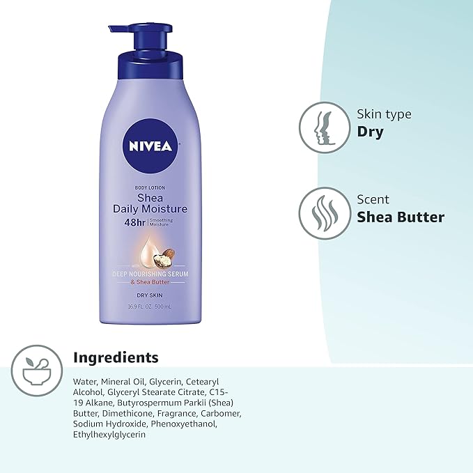 NIVEA Shea Nourish Body Lotion with Deep Nourishing Serum and Shea Butter, 48-Hour Moisturizing Body Lotion for Dry Skin, Nourishes and Smooths Dry Skin, 16.9 Fl Oz Pump Bottle