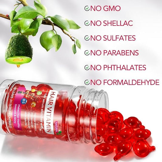 Hair Oil for Women,Hair Serum Capsules, Hair Vitamins,60 Pcs Hair Vitamins Serum Capsule, Restores Dry Frizzy Hair, Hair Oil Capsules with Moroccan/Macadamia/Avocado Oil for Hair Repair