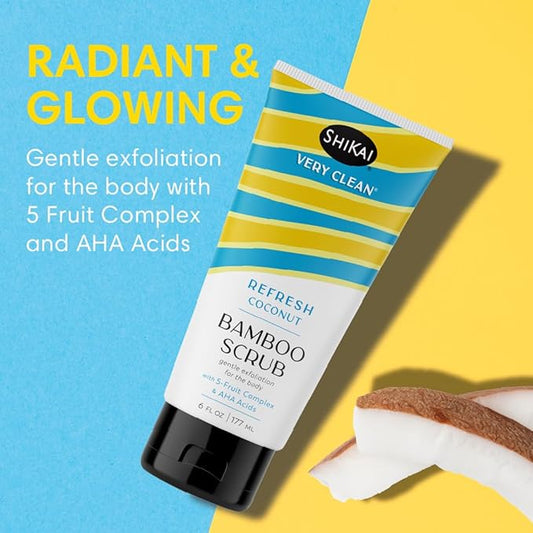 ShiKai Very Clean Bamboo Body Scrub (Refresh Coconut, 6 oz) | Gentle Hydrating & Exfoliating Skin Cleanser | With 5 Fruit Complex & AHA Acids